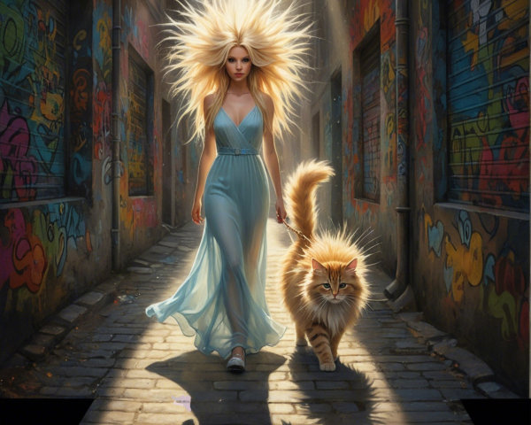 Woman in Blue Dress with Lion-like Cat in Graffiti Alley