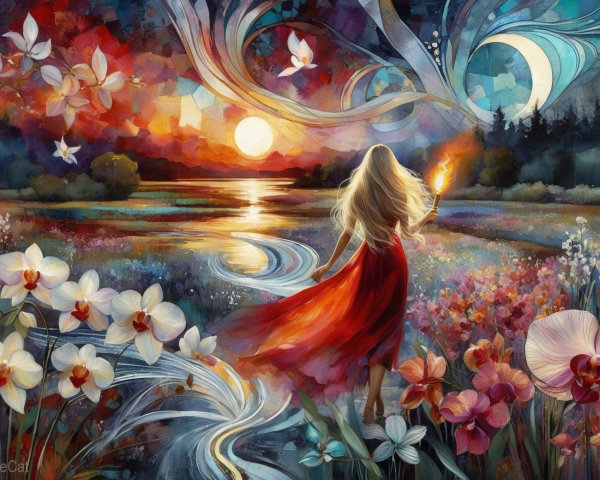 Serene sunset landscape with woman by shimmering lake
