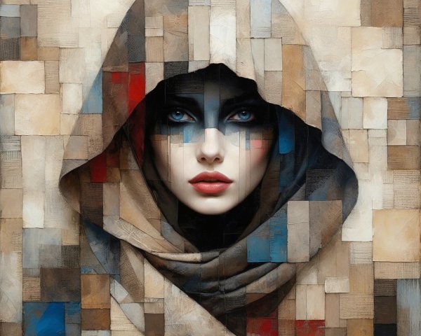 Portrait of a Woman in Hood with Geometric Background
