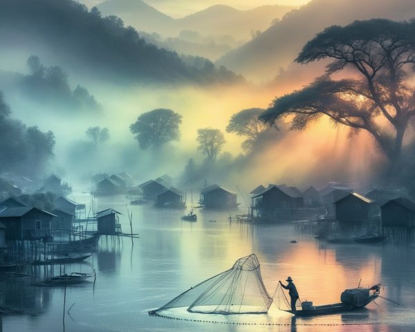 Serene Dawn Landscape with Fisherman on Misty River