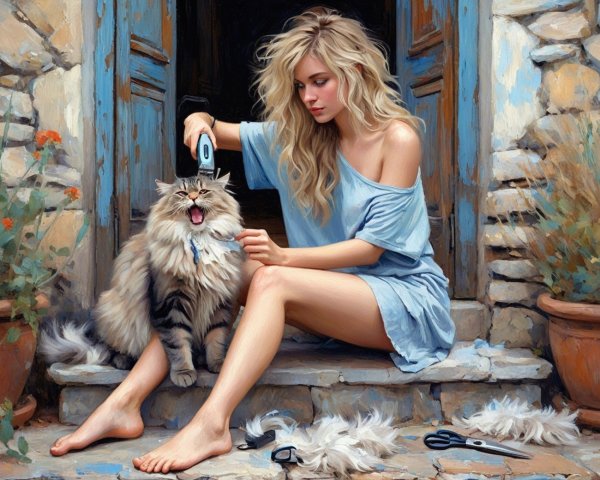Young woman in blue dress grooming a fluffy cat