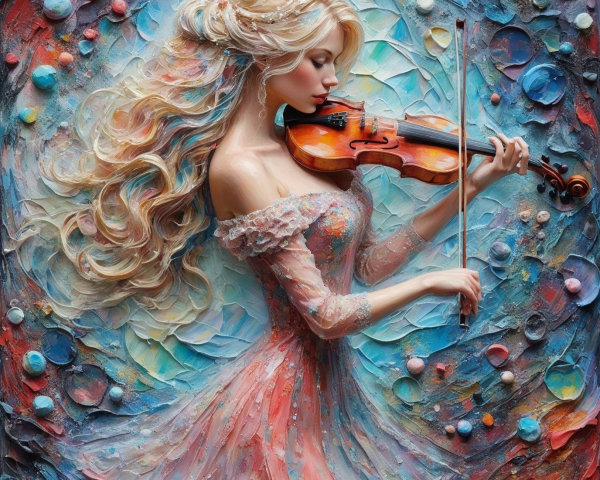 Violinist in Pastel Dress Amidst Colorful Background