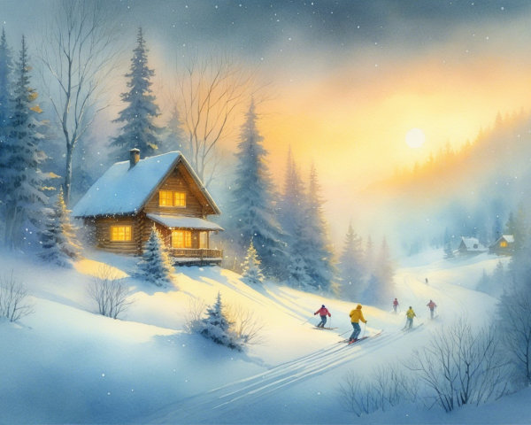 Winter Landscape with Cabin and Skiers in Snowy Forest