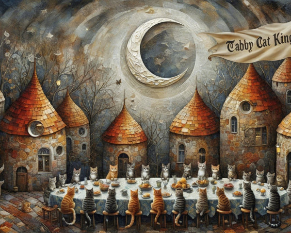 Cats at a Banquet Table Under a Crescent Moon