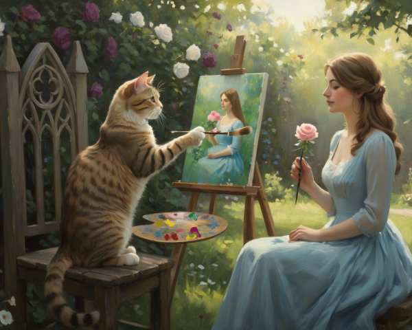 Woman Painting in a Garden with Roses and Cat
