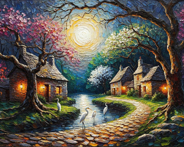 Serene Village Scene with Moonlit River and Blossoms