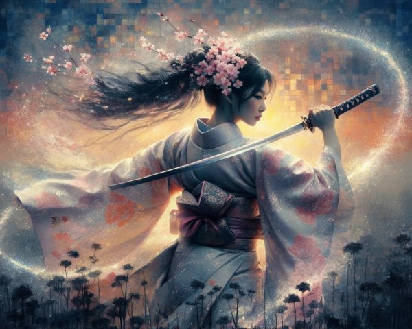 Serene Woman in Traditional Japanese Attire with Katana