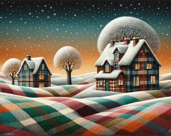 Whimsical Houses in a Snowy Plaid Landscape