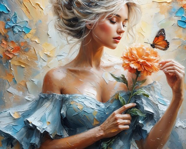 Serene Portrait of Woman with Flower and Butterfly