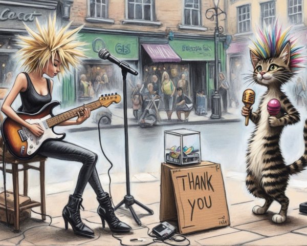 Rock Musician and Cat in Vibrant Street Scene