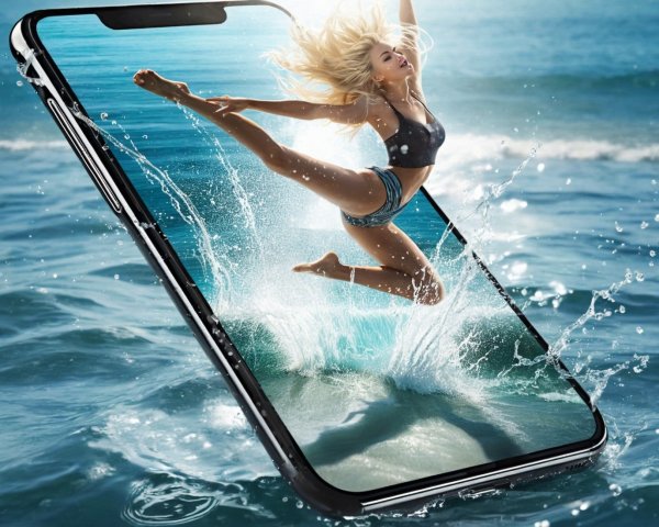 Smartphone Showcasing Woman Leaping Over Ocean Waves
