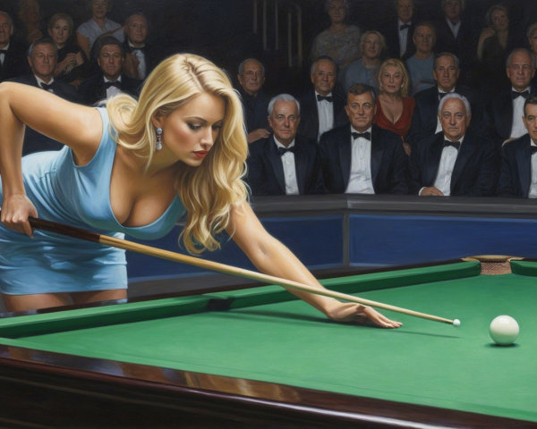 Blonde Woman in Blue Dress at Billiards Table