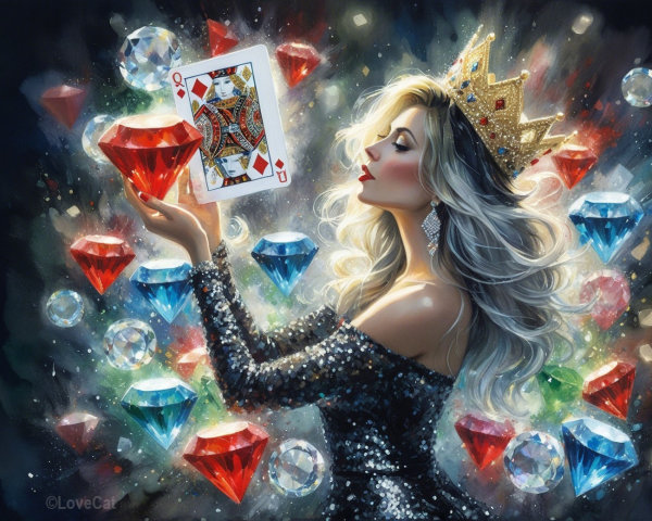 Glamorous Woman in Black Gown with Ace of Diamonds