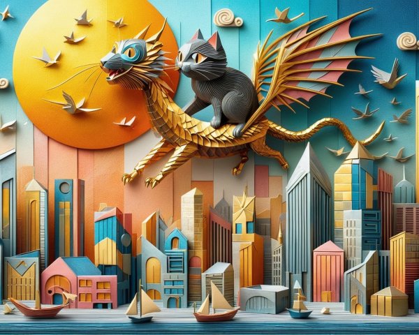 Colorful Paper Art Landscape with Dragon and Cat
