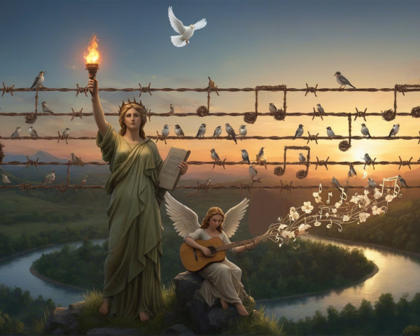 Serene Landscape with River and Symbolic Figures