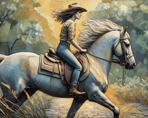 Young Woman Riding Gray Horse in Sunlit Forest