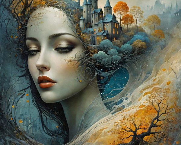 Serene Woman with Flowing Hair and Mystical Landscape