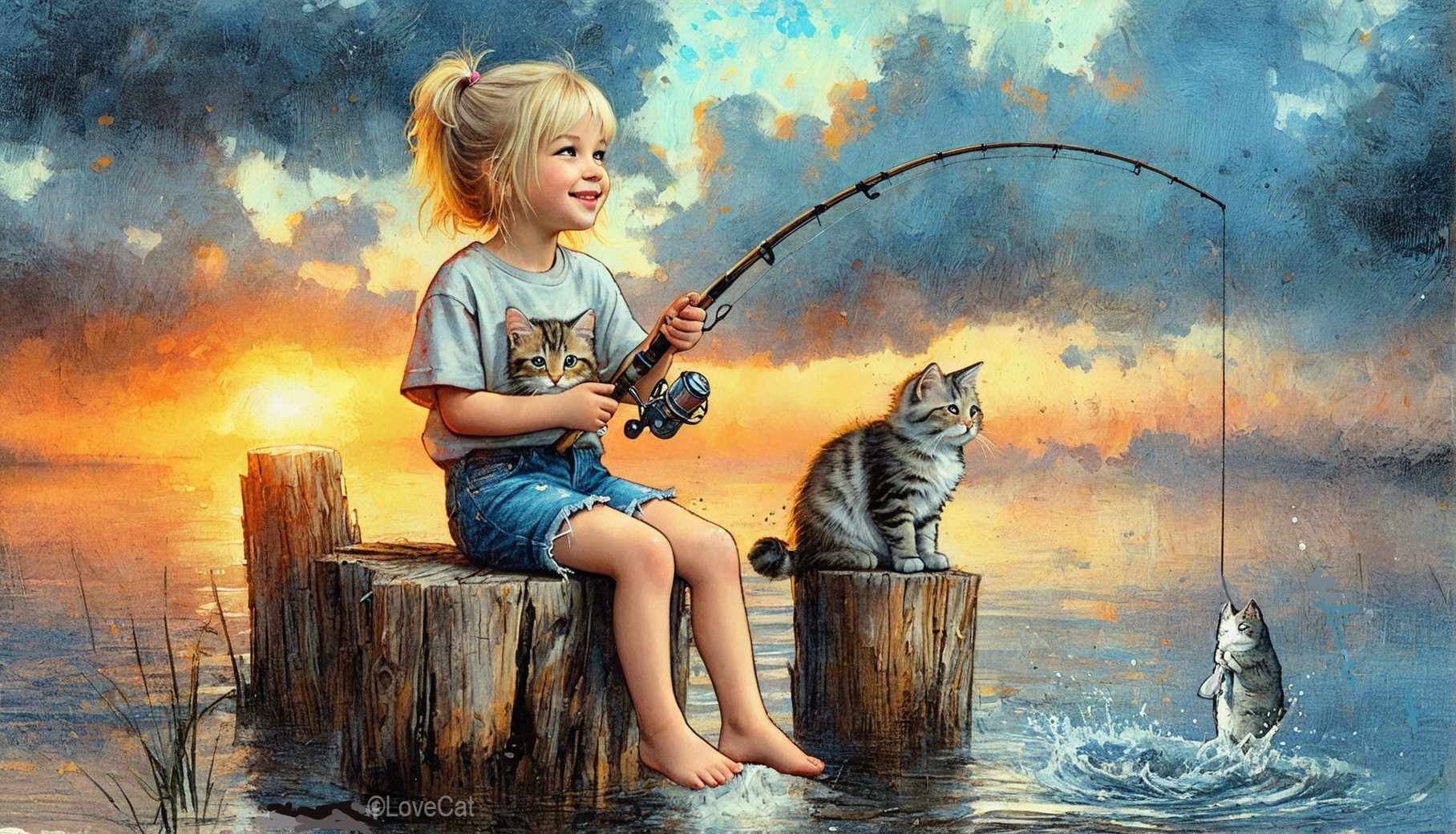 Young girl fishing at sunset with kittens by water