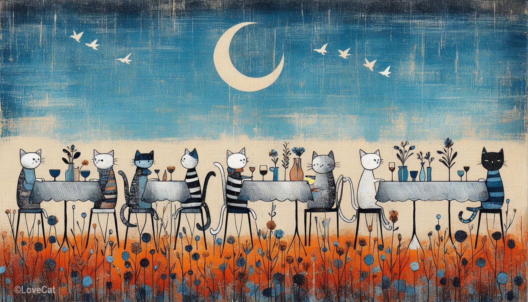 Outdoor Gathering of Cartoon Cats Under Crescent Moon