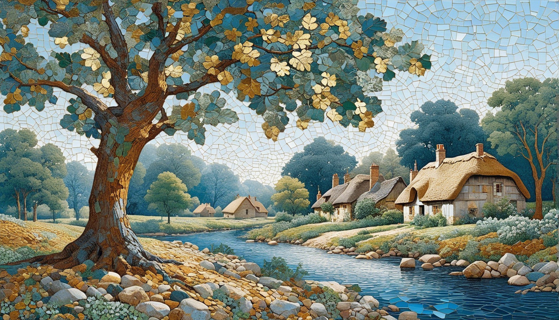 Serene Countryside Landscape with Cottages and River