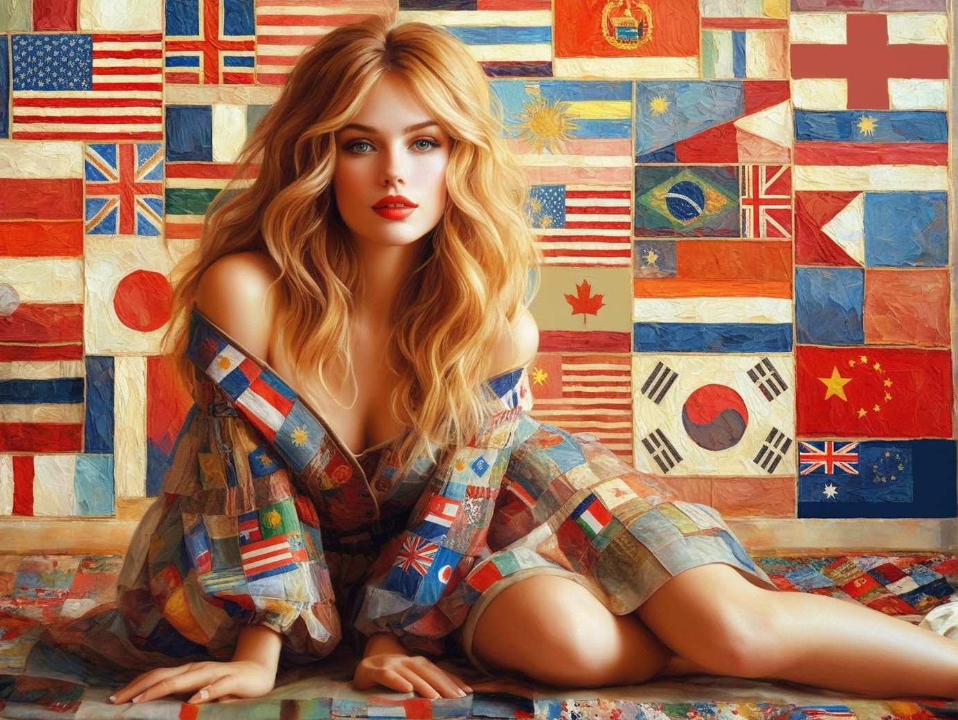 Glamorous Woman in Flag-Patterned Outfit Among Flags