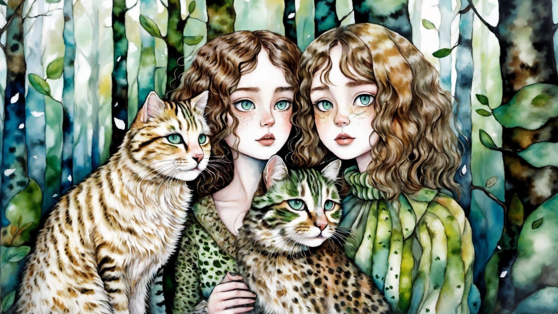 Whimsical Forest Scene with Two Girls and Cats