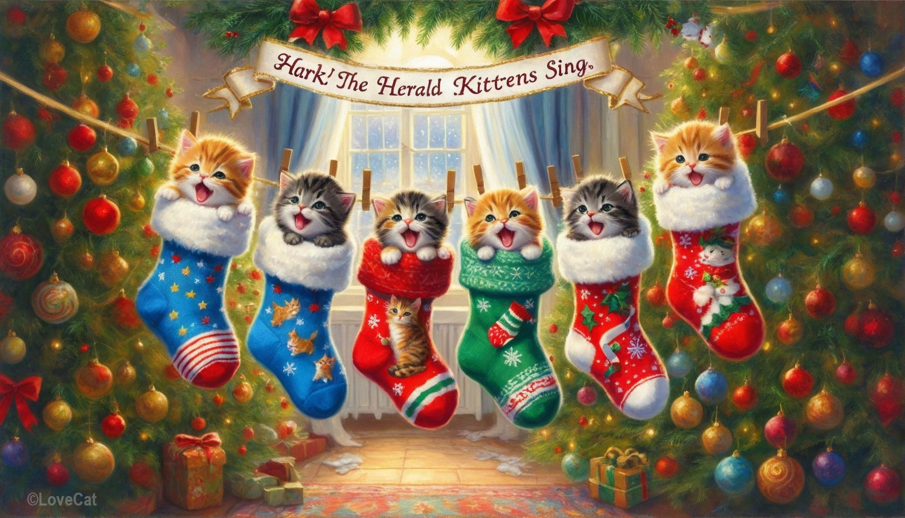 Kittens in Colorful Stockings in a Christmas Scene