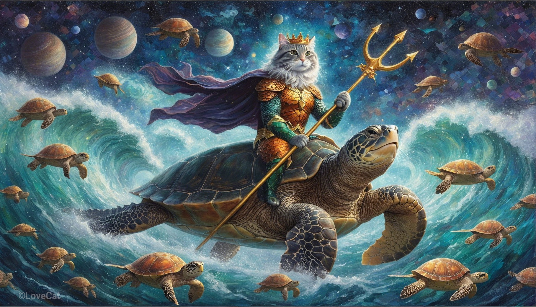 Majestic Cat in Armor Rides Giant Turtle in Cosmic Ocean