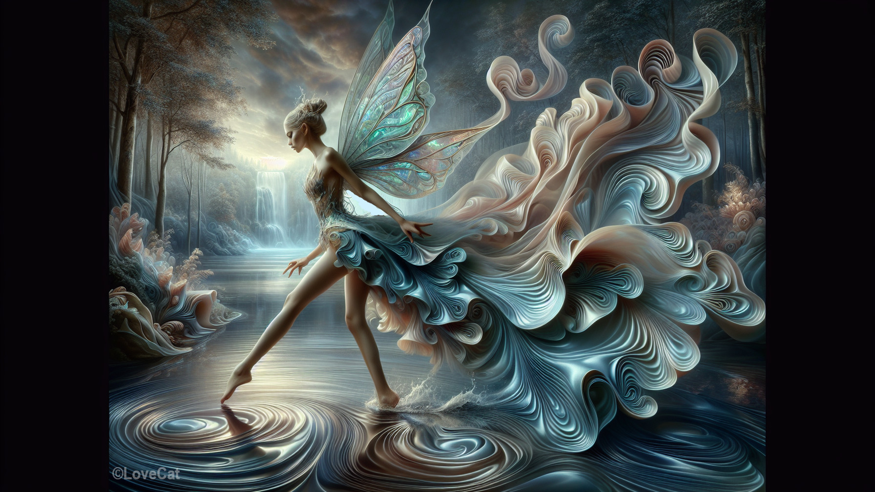 Ethereal fairy with iridescent wings in a forest setting