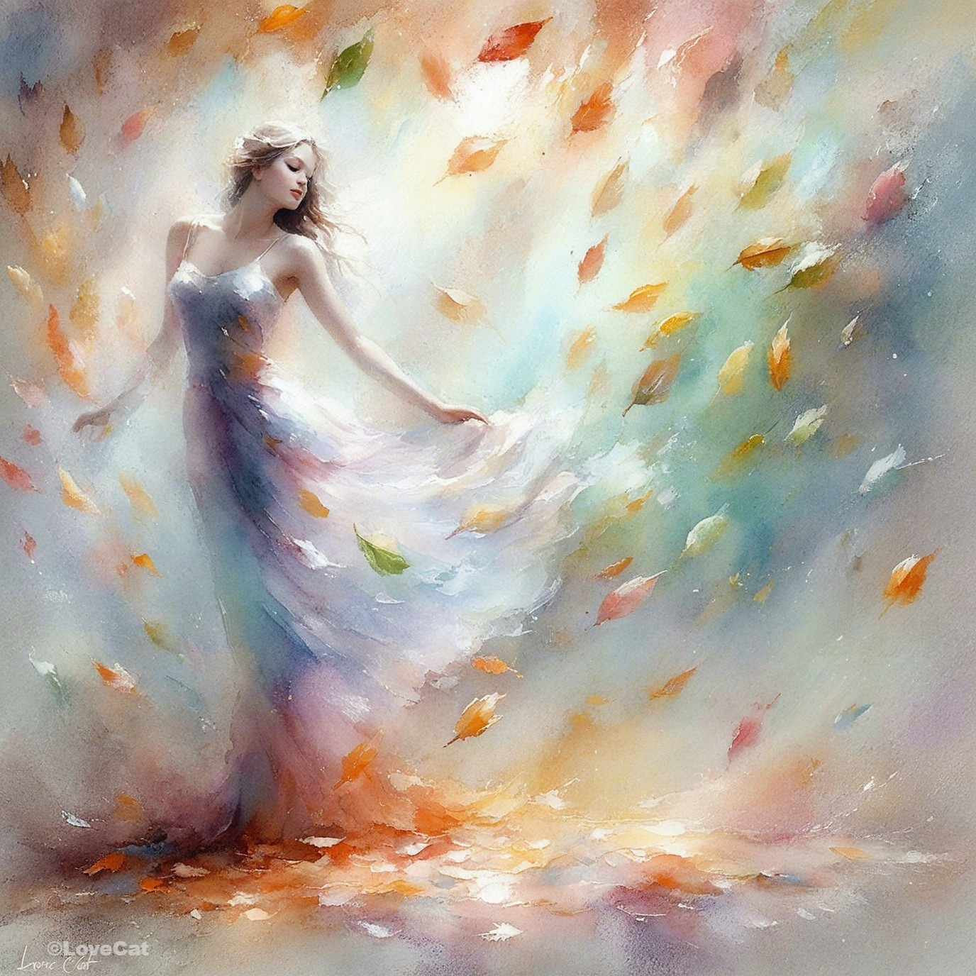 Ethereal Dress and Autumn Leaves in Serene Scene