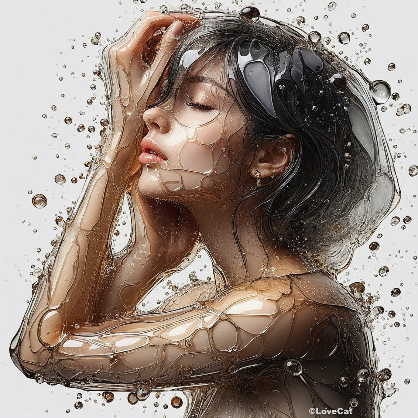 Serene Woman in Shimmering Liquid with Ethereal Elegance