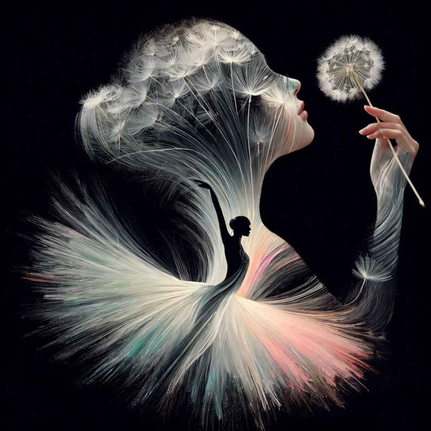 Graceful figure blending dancer and dandelion elements