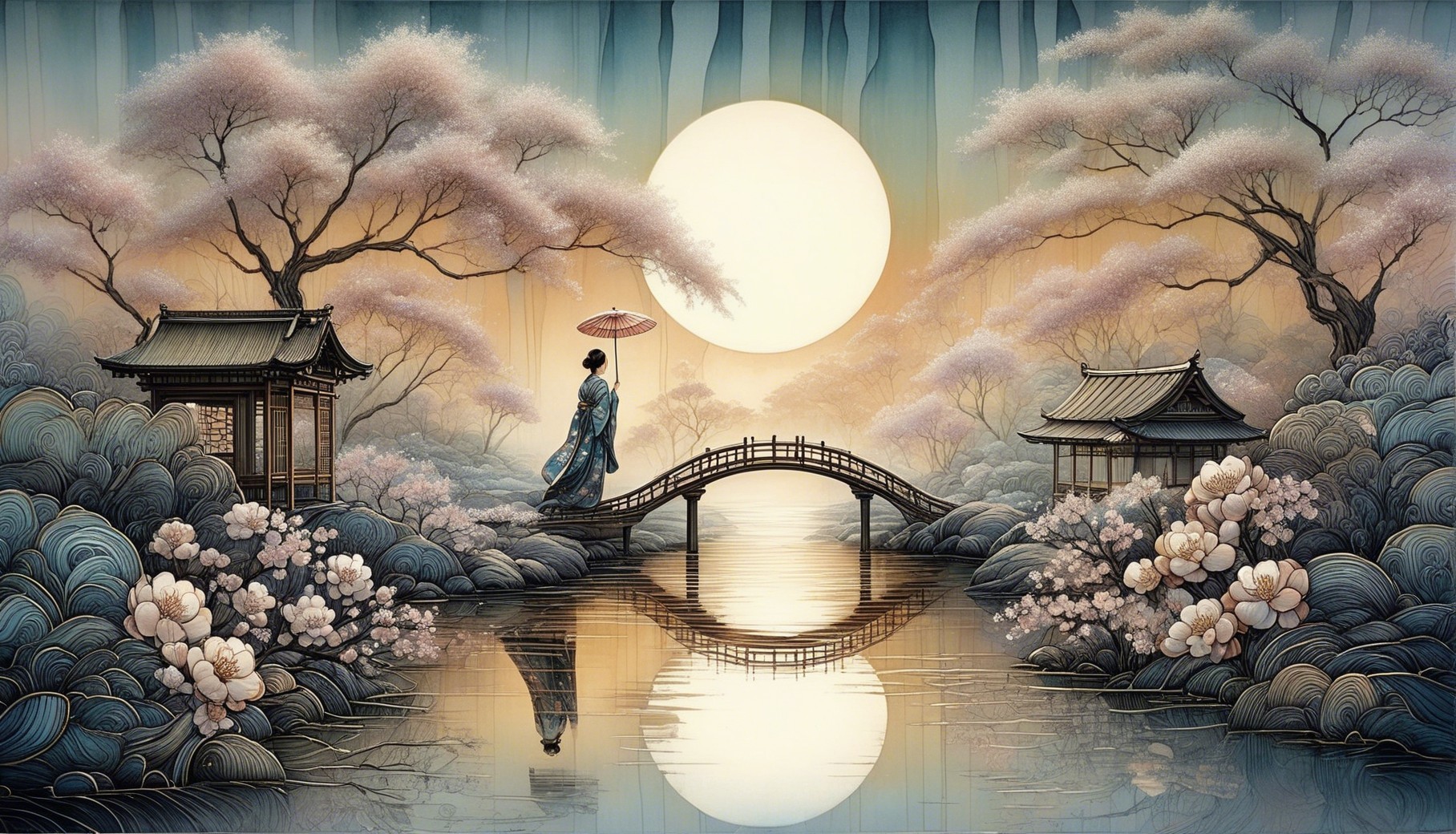 Serene landscape with woman in blue kimono and blossoms