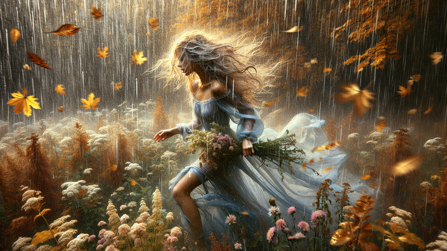 Ethereal Figure in Blue Dress in Lush Flower Field