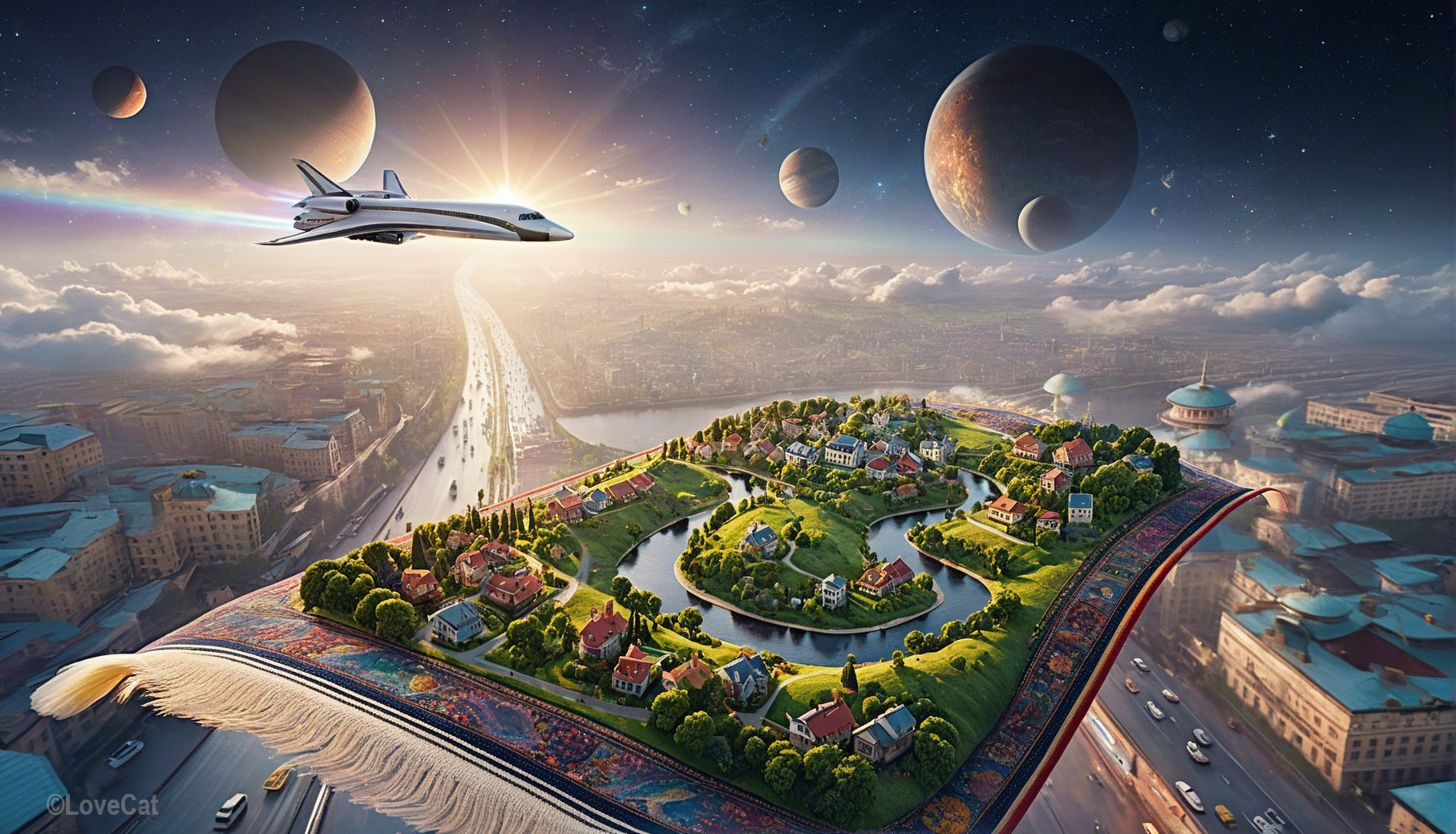 Whimsical Landscape on an Ornate Carpet with Spacecraft