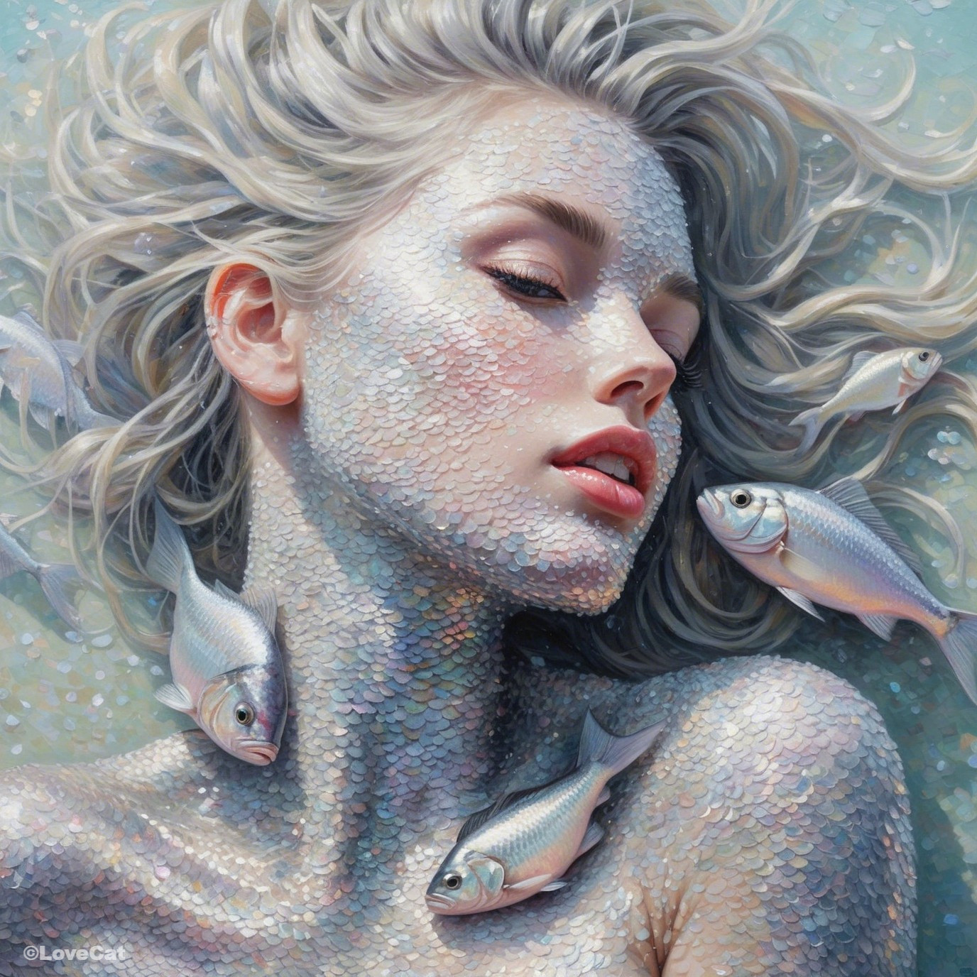 Ethereal Figure with Shimmering Scales and Fish