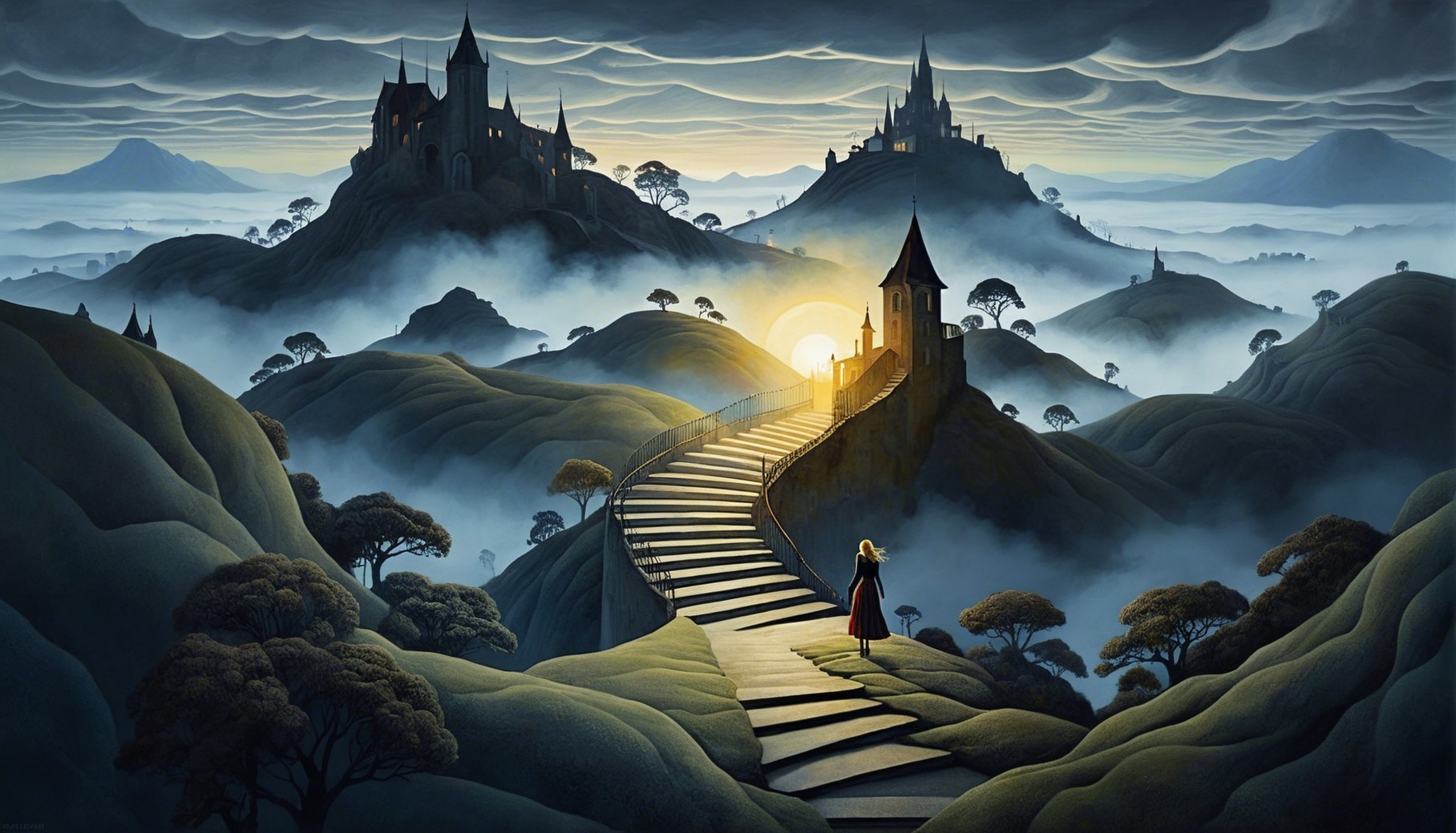 Mystical Landscape with Castles and Dramatic Clouds