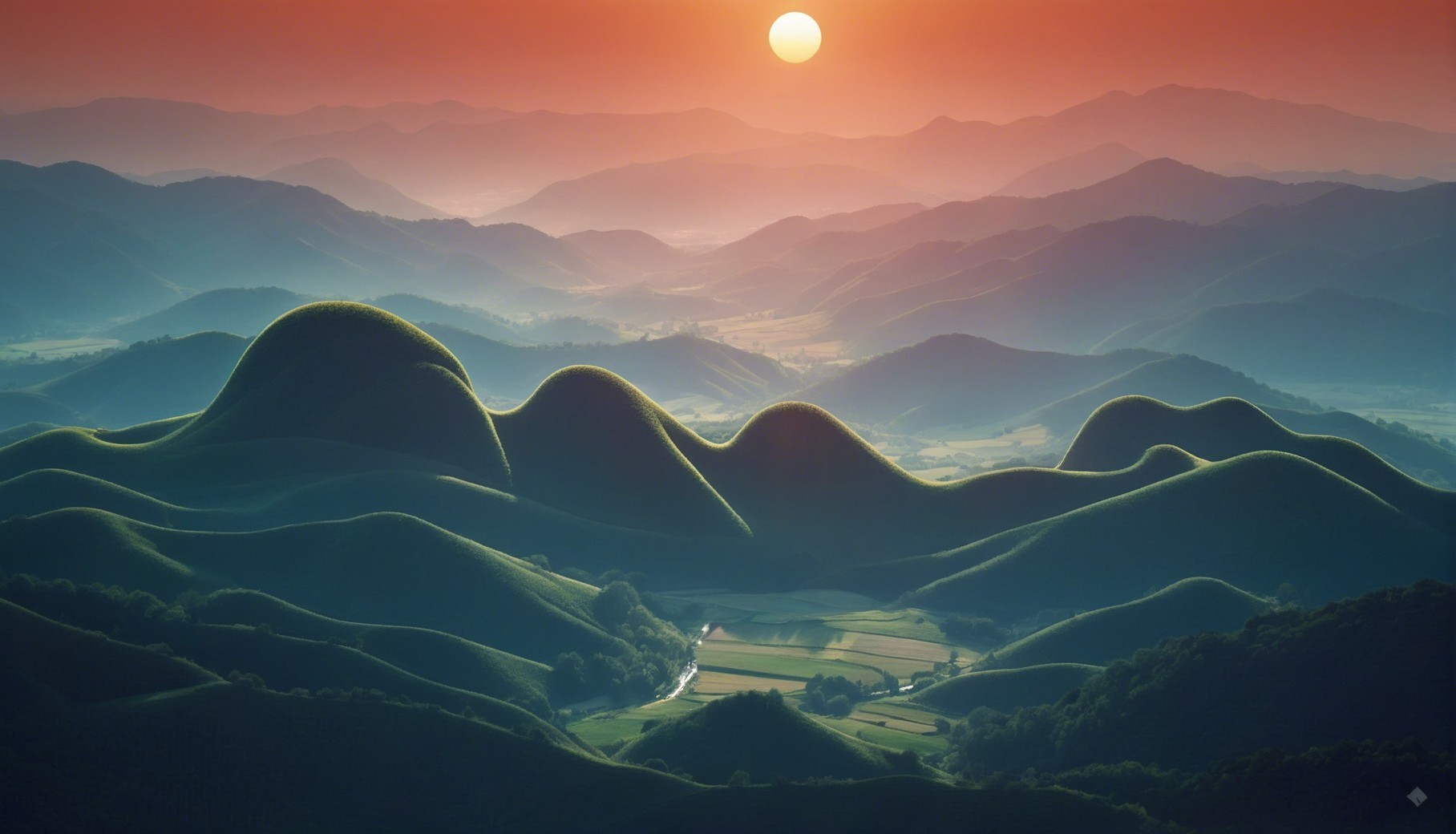 Sunset Landscape with Green Hills and Winding River
