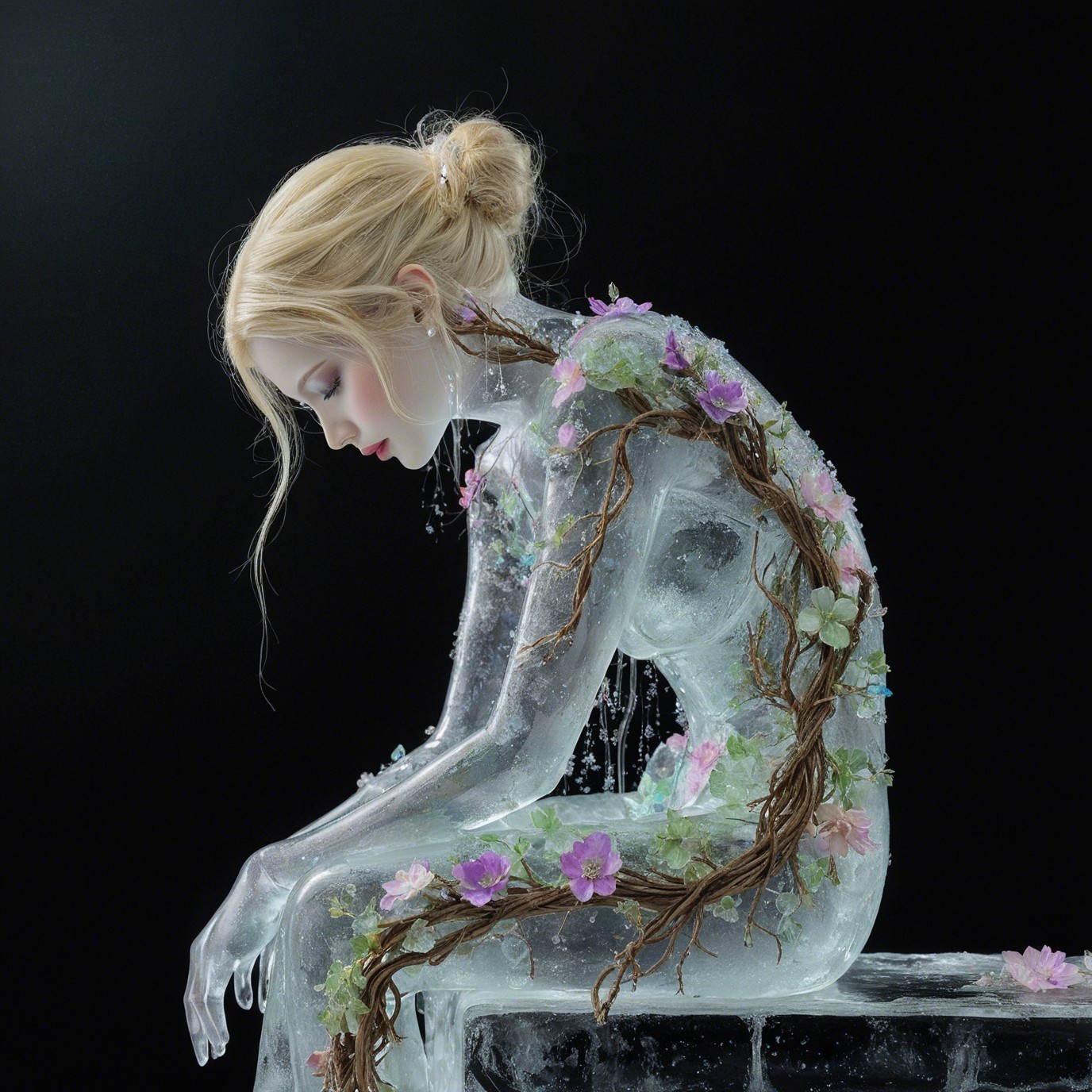 Serene figure encased in ice with floral details