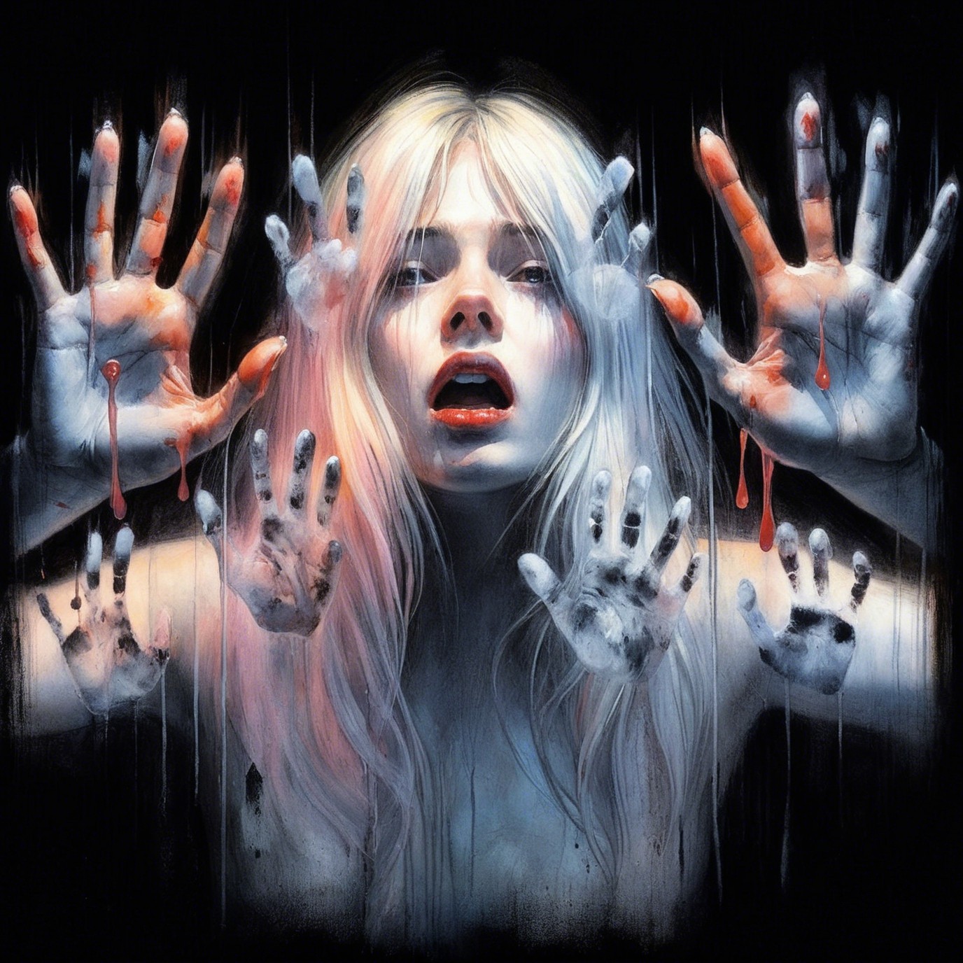 Haunting Portrait of a Young Woman with Blood Streaks