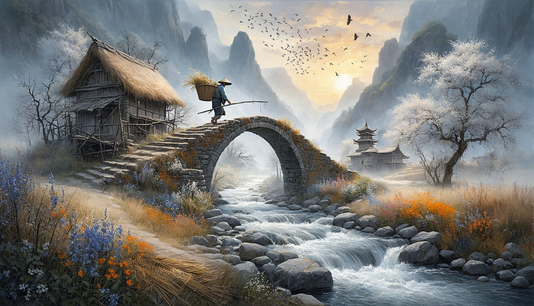 Serene Landscape with Stone Bridge and Misty Mountains
