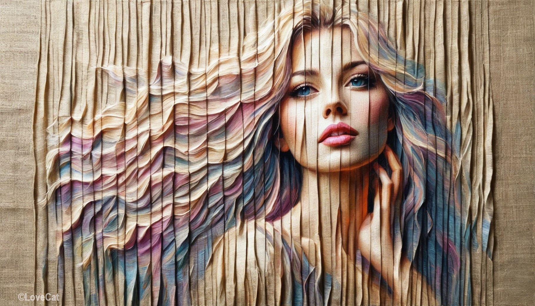 Portrait of a woman with flowing hair and textured backdrop