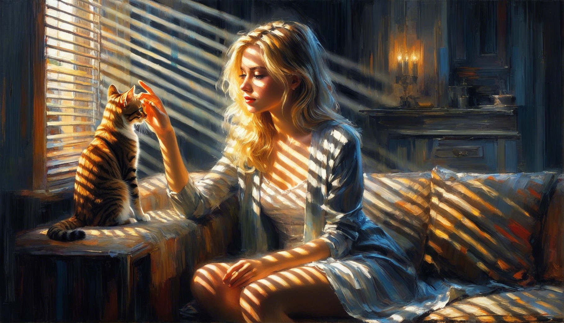 Serene Interaction Between Woman and Tabby Cat