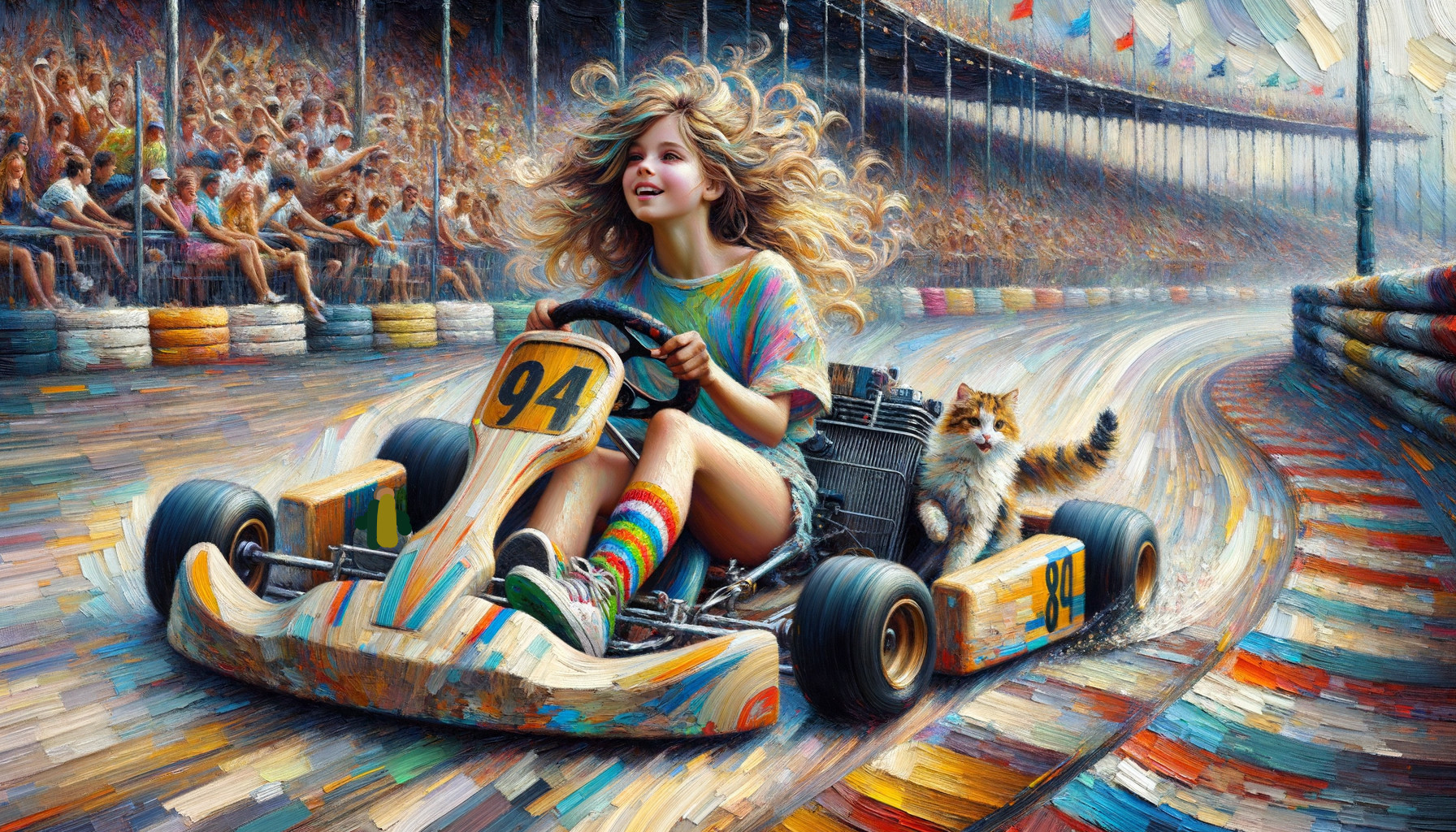 Girl with curly hair driving go-kart on vibrant track