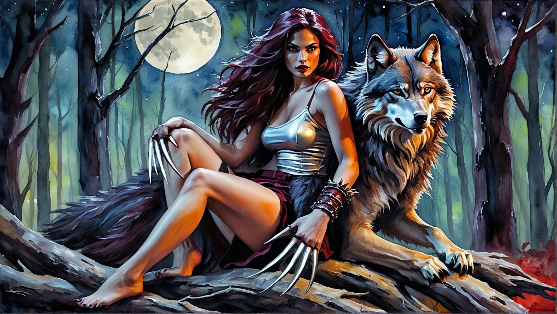 Woman and Wolf in a Mystical Moonlit Forest