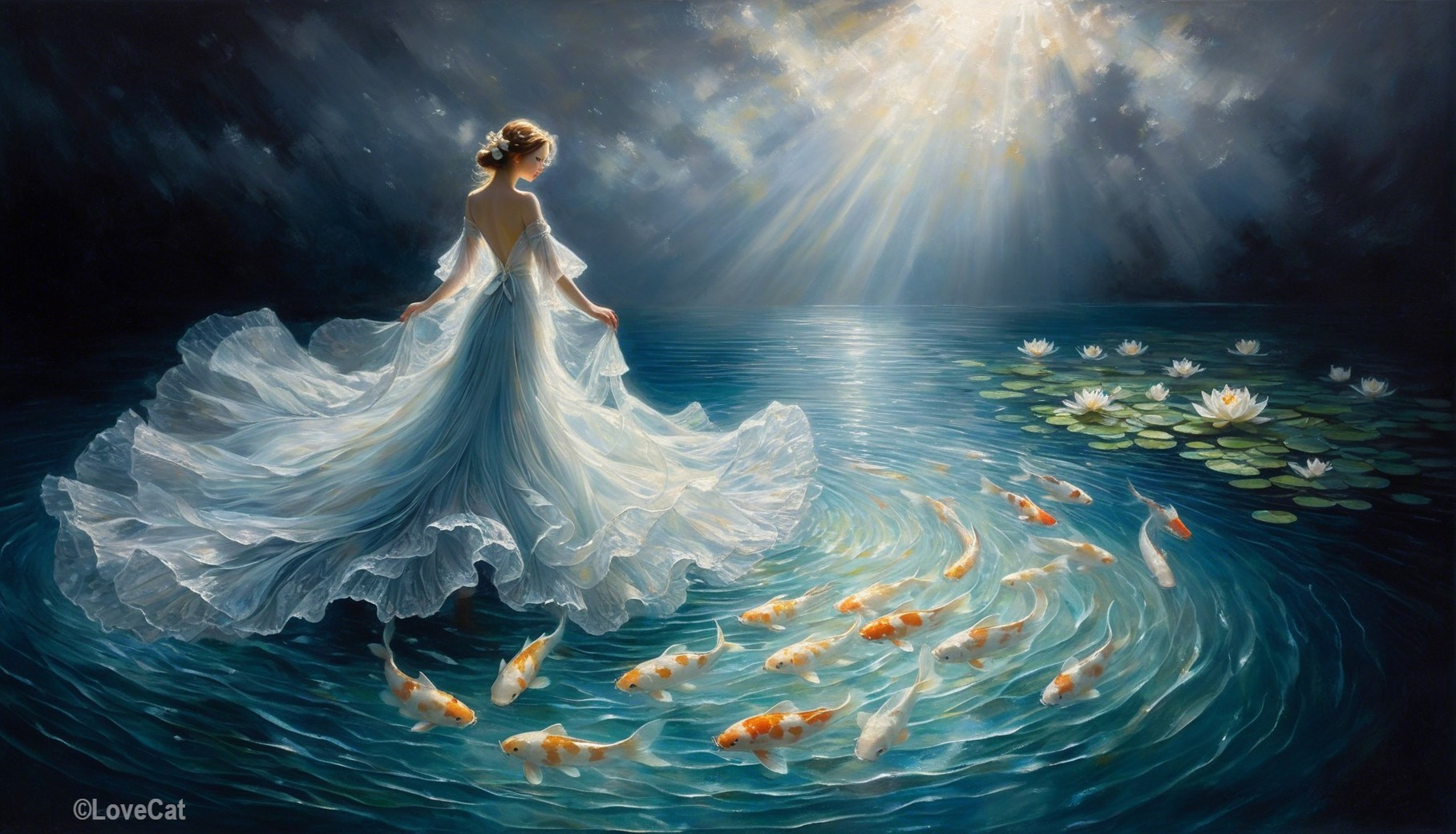 Woman in White Gown Surrounded by Koi Fish and Lilies