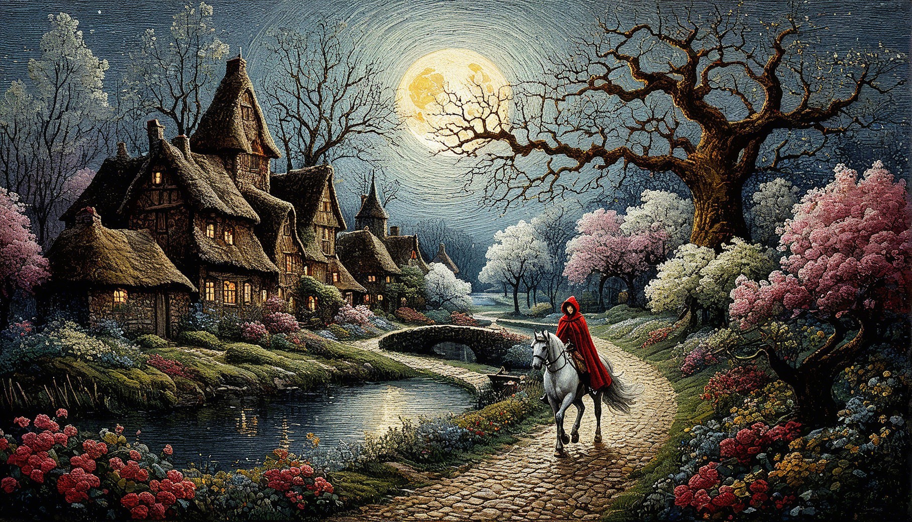 Moonlit Landscape with Cottages and Stream Scene