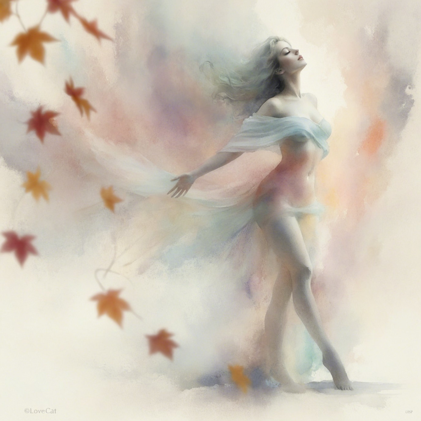 Ethereal Figure in Translucent Fabric with Autumn Leaves