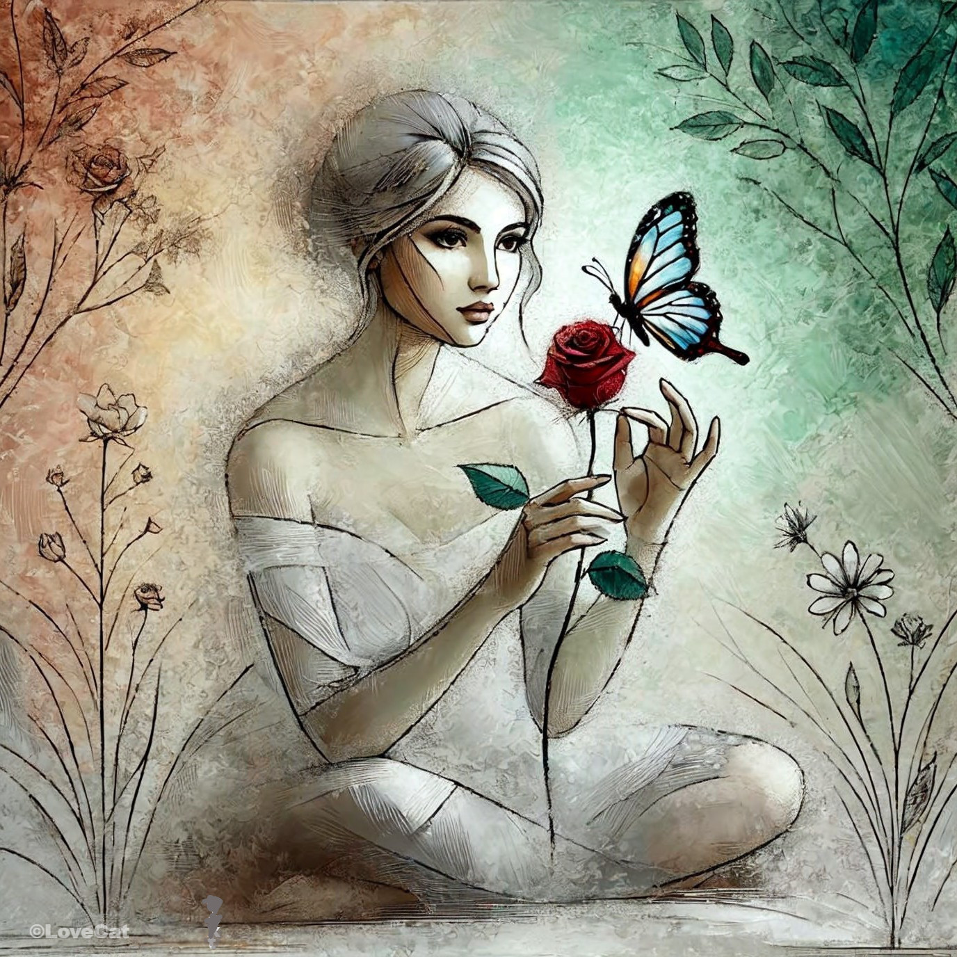 Young woman with gray hair holding a rose and butterfly