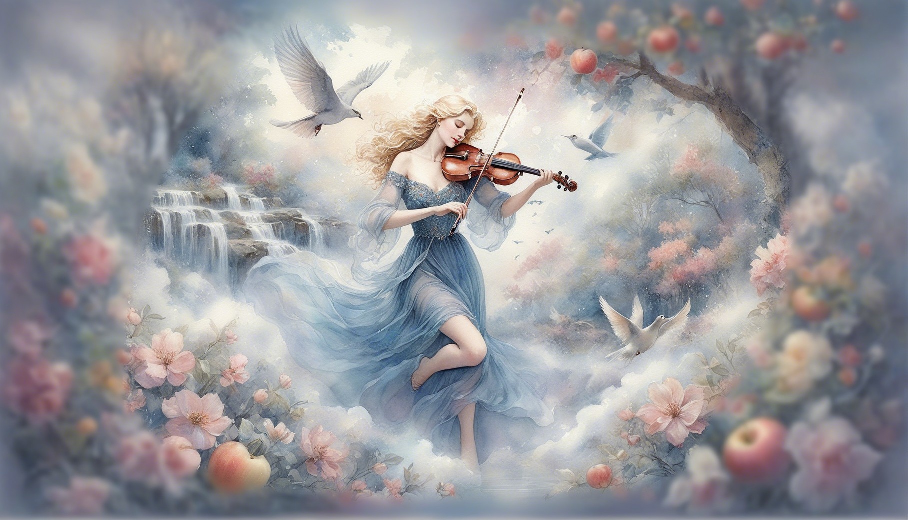 Woman Playing Violin in a Dreamy Landscape